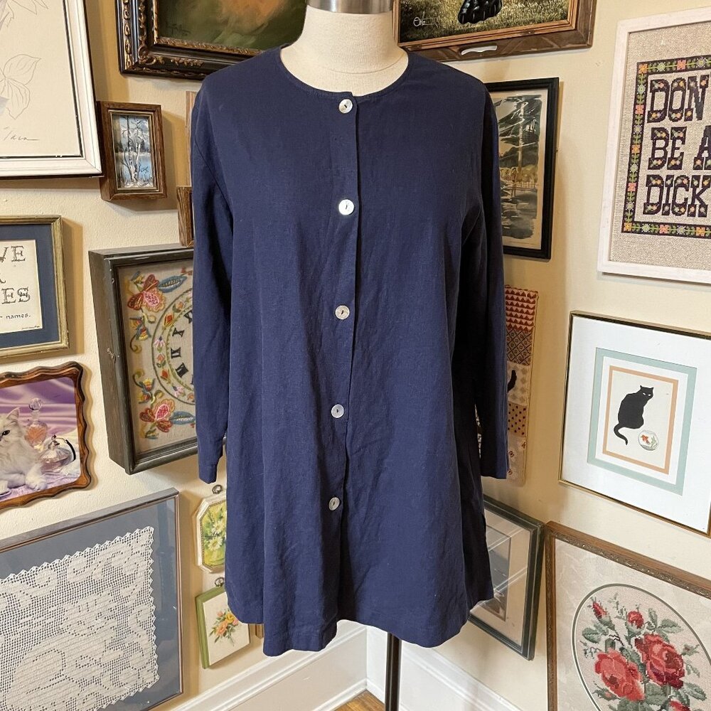 Coldwater Creek Womens Navy Blue Linen & Rayon Blend Button-Front Tunic Top PM